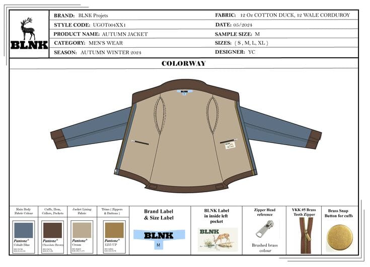 Canvas jacket tech pack showing flat drawings and construction specifications