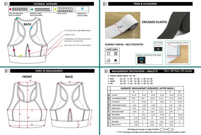 Tech pack page for a sports bra with construction details