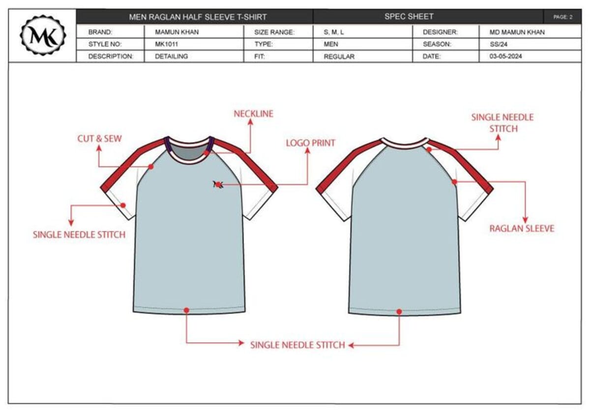 Tech pack pages laid out for a clothing line, from flats through to specification detail