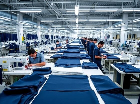 Garment manufacturing floor with sample garments and production stations, the kind of environment where textile production scales from prototype to commercial run.