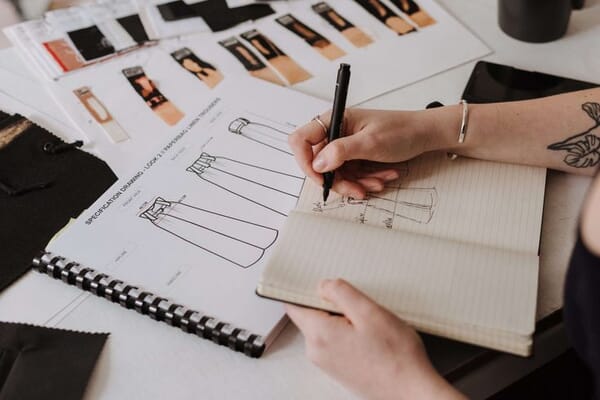 Designer sketching technical flats in a notebook