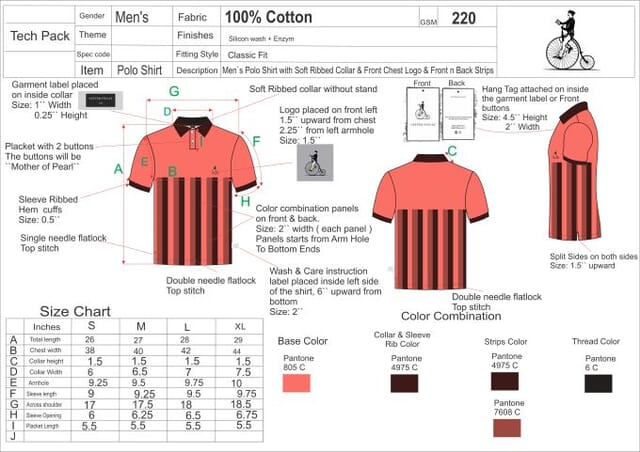 Ficha t&eacute;cnica de p&oacute;lo com tabela de medidas e cores
