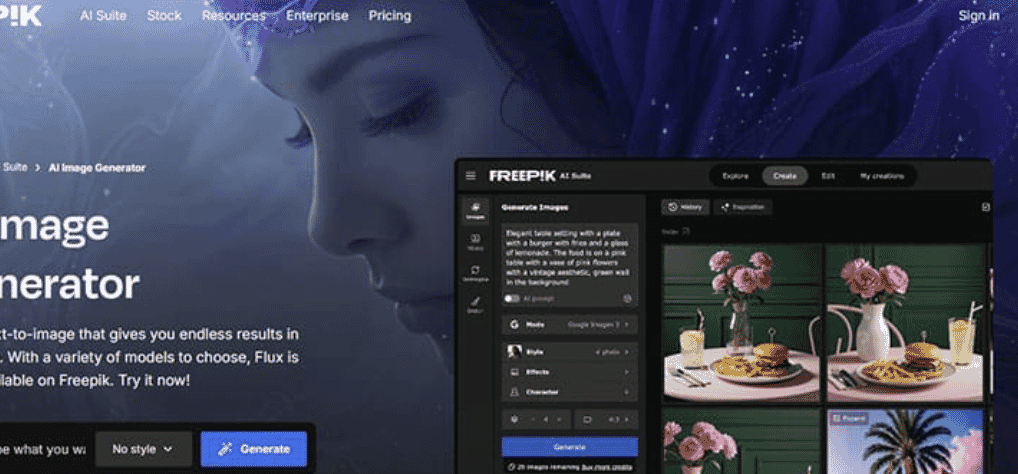 Freepik AI node-based workflow chaining design generation, mockup, and model placement.