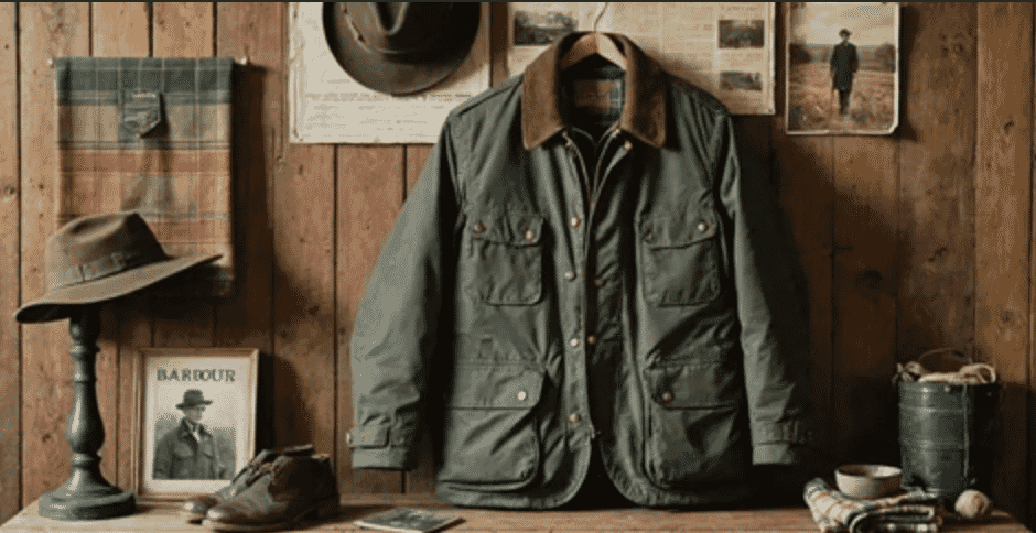 Barbour brand image with iconic waxed jackets and rural heritage.