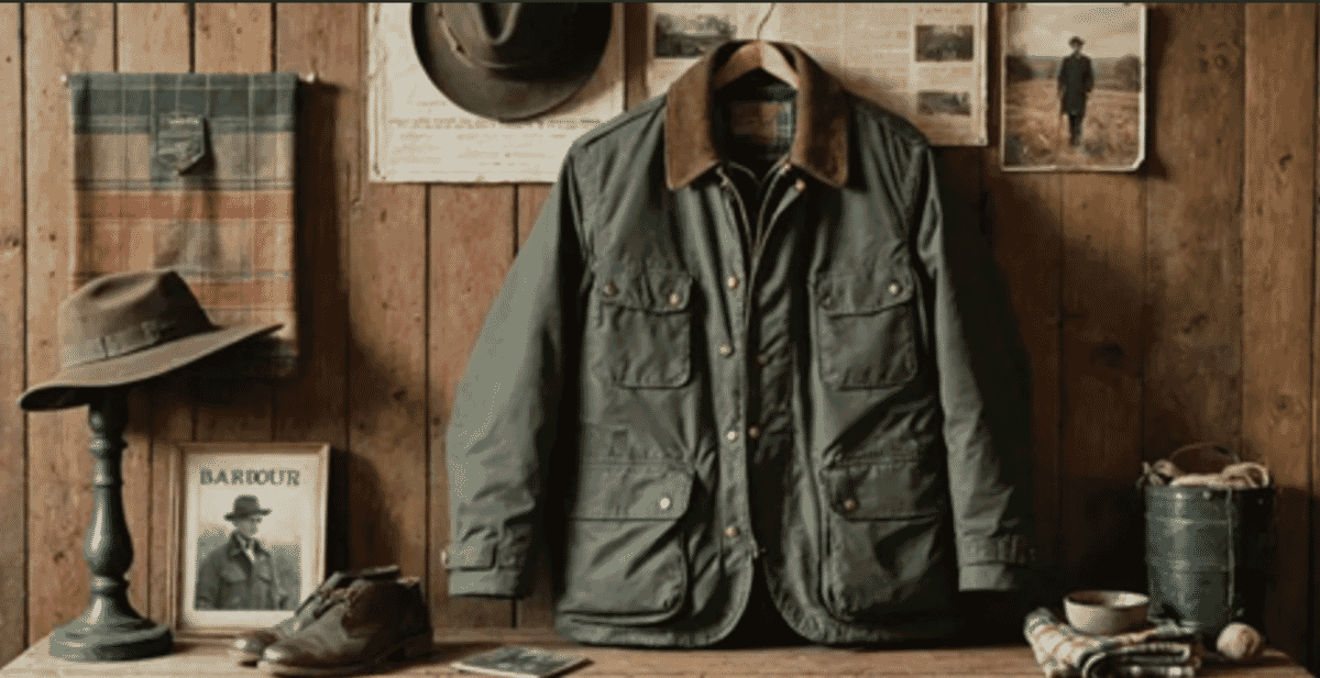 Barbour brand image with iconic waxed jackets and rural heritage.