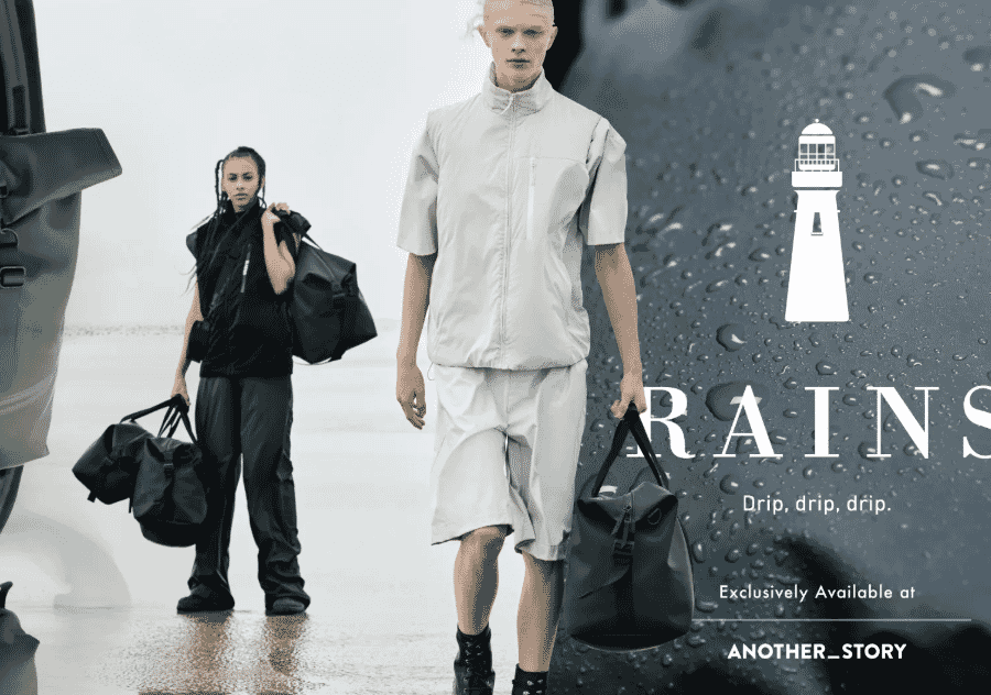 Rains — homepage da marca dinamarquesa de impermeáveis minimalistas fundada em 2012.