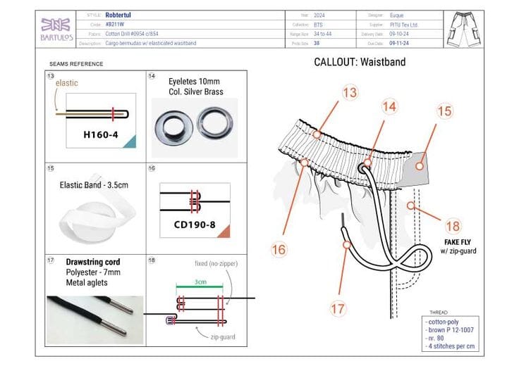 Technical flat drawings for a garment tech pack