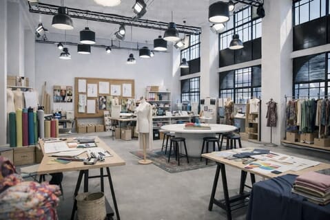 Development studio with cutting tables, fabrics and dress forms