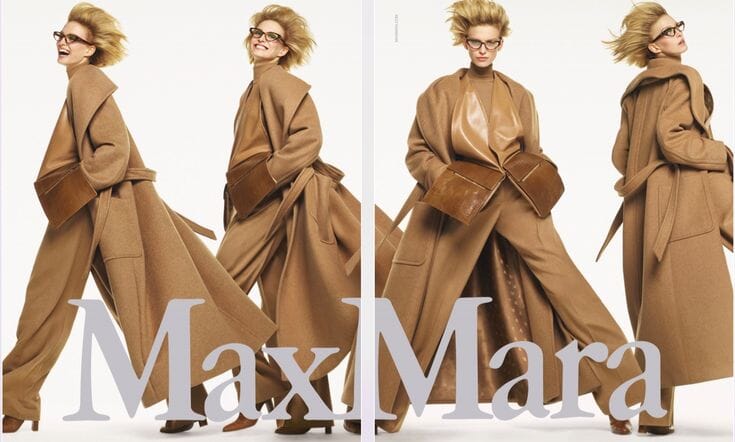 Editorial Max Mara com camel coat 101801 iconic representando o tailoring feminino profissional que definiu a marca desde 1951.