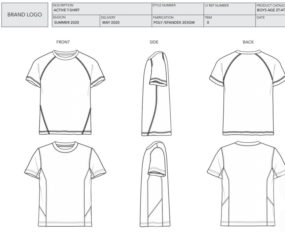 Tech pack detail: front, side and back technical flats