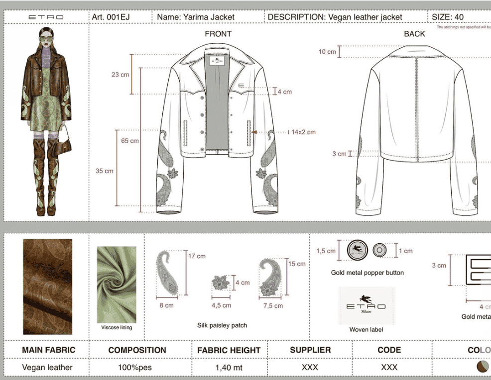 Tech pack page with front and back technical flats of a cropped jacket, measurement lines in centimetres and a paisley sleeve patch