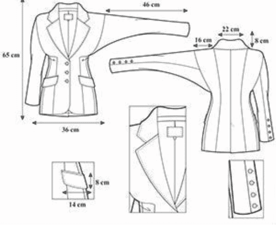 Technical drawing of a tailored blazer, front and back, with lapel, pocket flap and cuff detail views and measurements