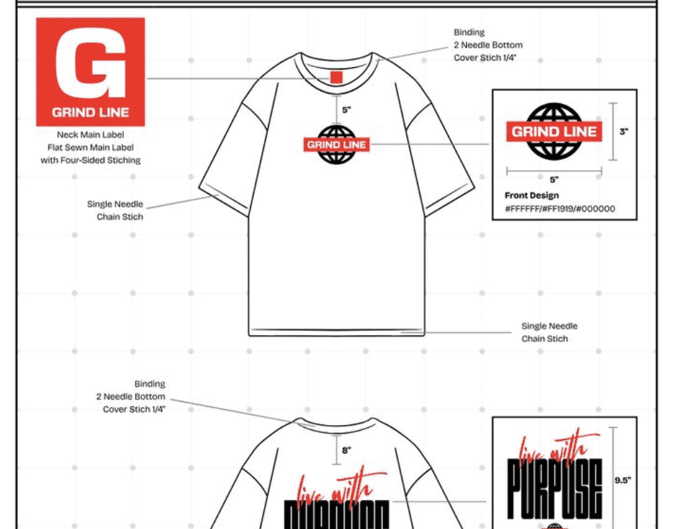 Tech pack detail: print placement, label position and stitch spec on a graphic tee