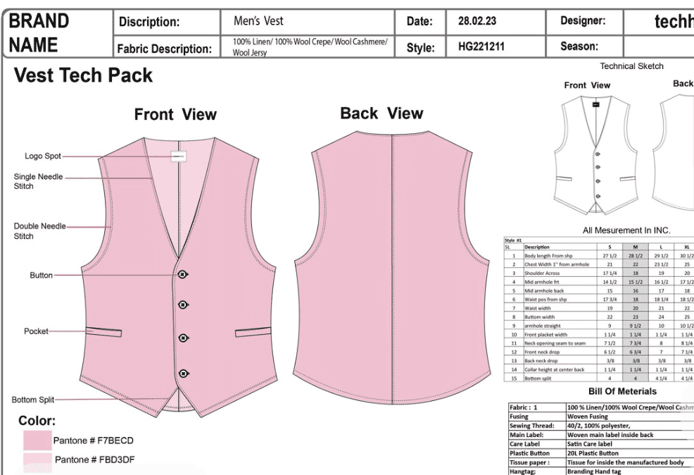 Tech pack detail: point of measure table and bill of materials