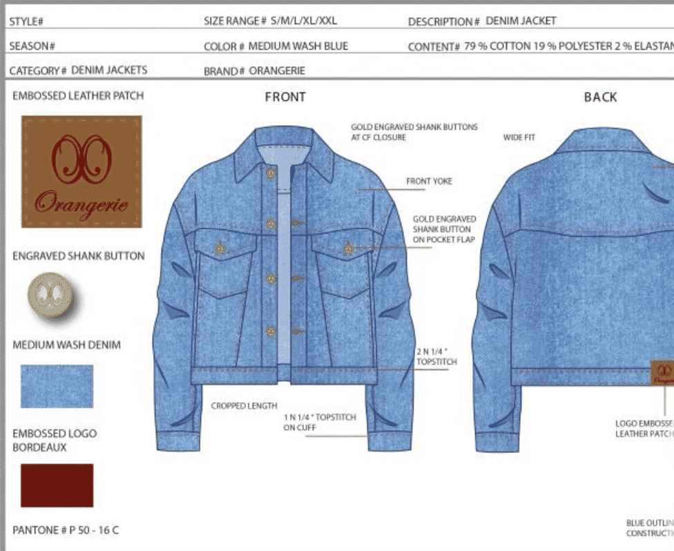Tech pack detail: denim jacket hardware, embossed patch and construction notes