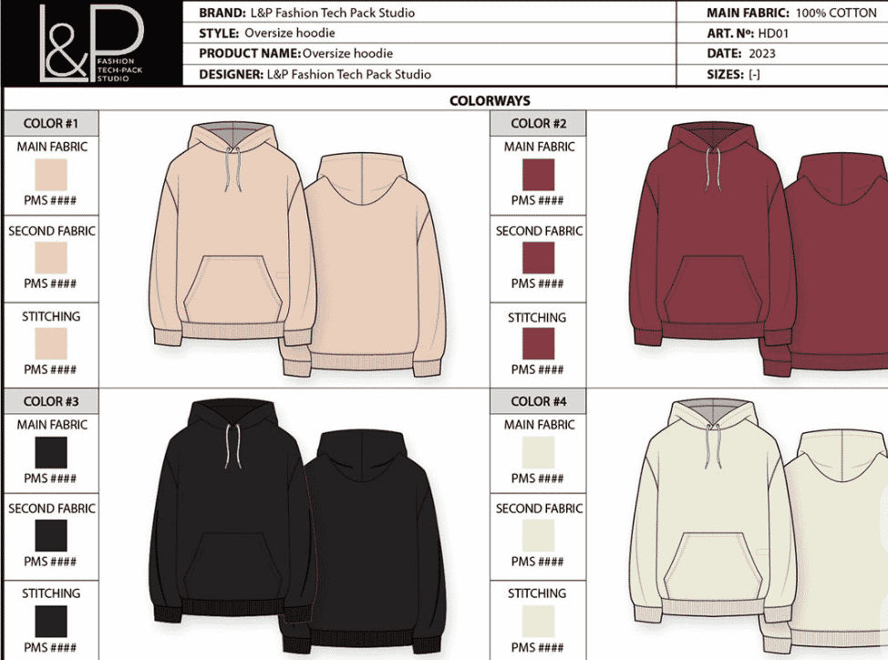 Colorways page of an oversize hoodie: four color options, front and back, each with main fabric, second fabric and stitching swatches