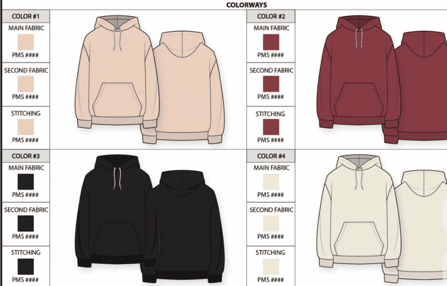 Colorways page of an oversize hoodie: four color options, front and back, each with main fabric, second fabric and stitching swatches