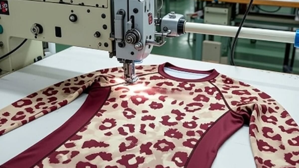 Flatlock machine stitching the side panel of a printed long-sleeve training top