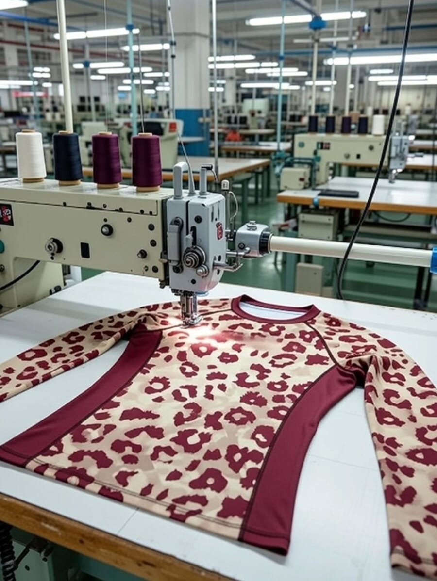 Printed stretch long-sleeve top laid on a sewing table