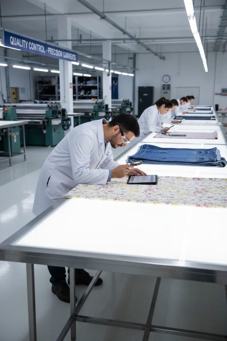 Technician in a white coat checking garments on a lit table in a quality control room
