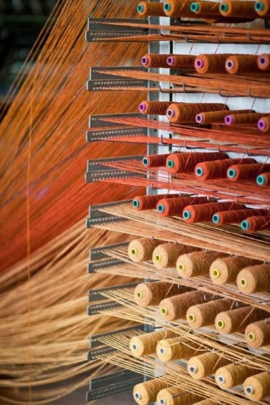 Rack of orange and beige yarn cones feeding threads