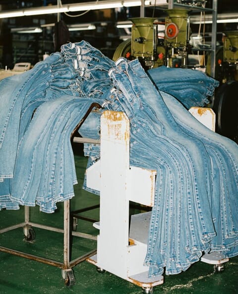 Rows of washed blue jeans hanging on a rack after the wash