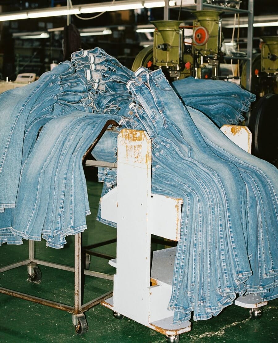 Rows of washed blue jeans hanging on a rack after the wash