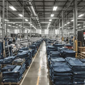 Stacks of jeans along the aisles of a denim production floor