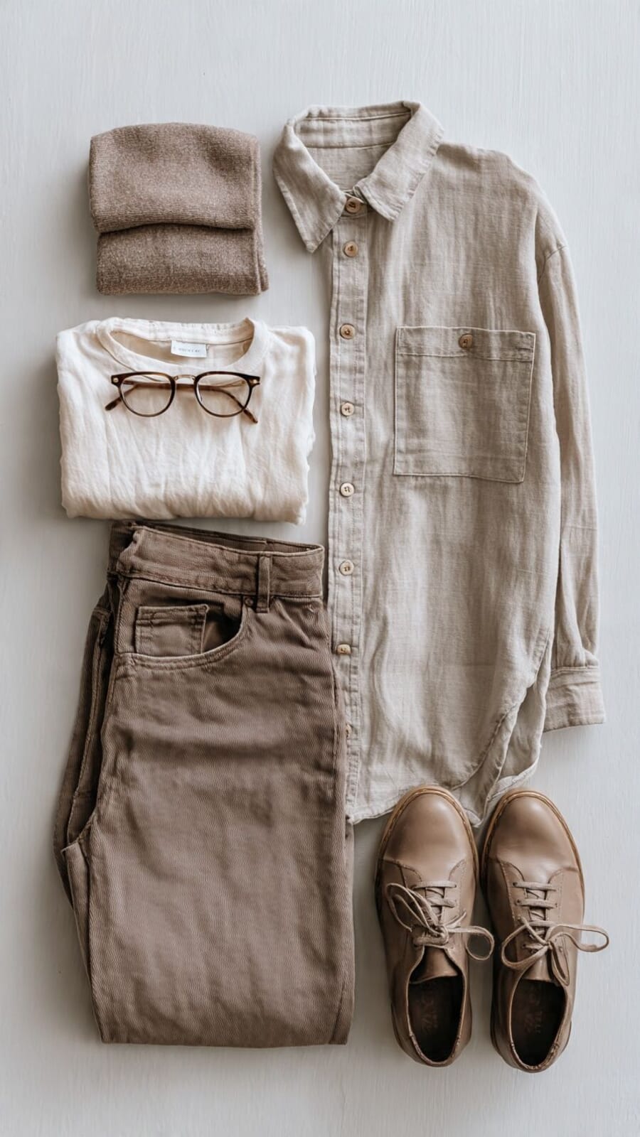 A beige linen shirt, a white tee and straight brown jeans laid flat with leather shoes