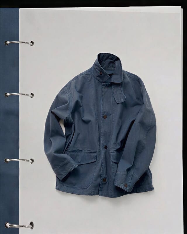 A navy woven chore jacket laid on a sheet of white paper