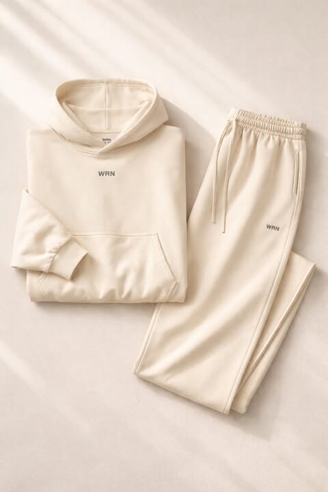 A cream fleece hoodie and matching joggers laid flat