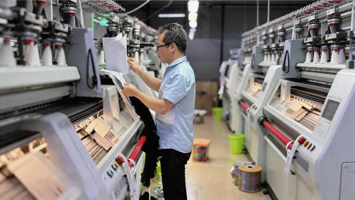 Operator checking a work sheet between rows of computerised flat knitting machines