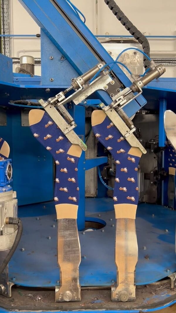 Patterned socks pulled over metal leg forms for boarding