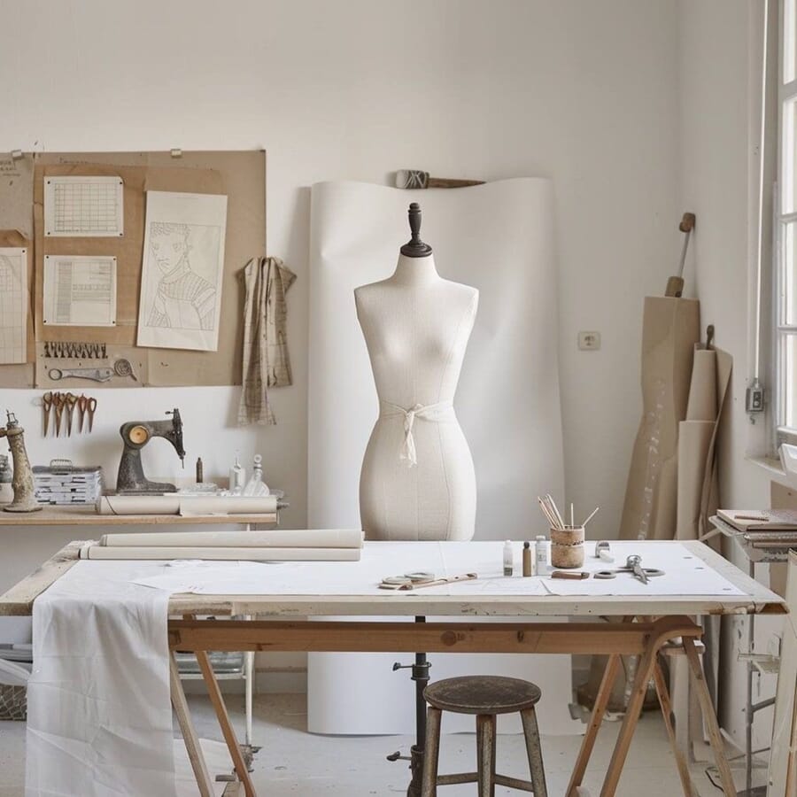 Pattern studio with a dress form, pattern pieces on the wall and a cutting table