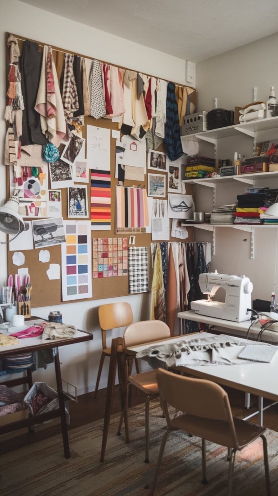 Studio corner with fabric rolls, moodboards and a sewing machine on shelving
