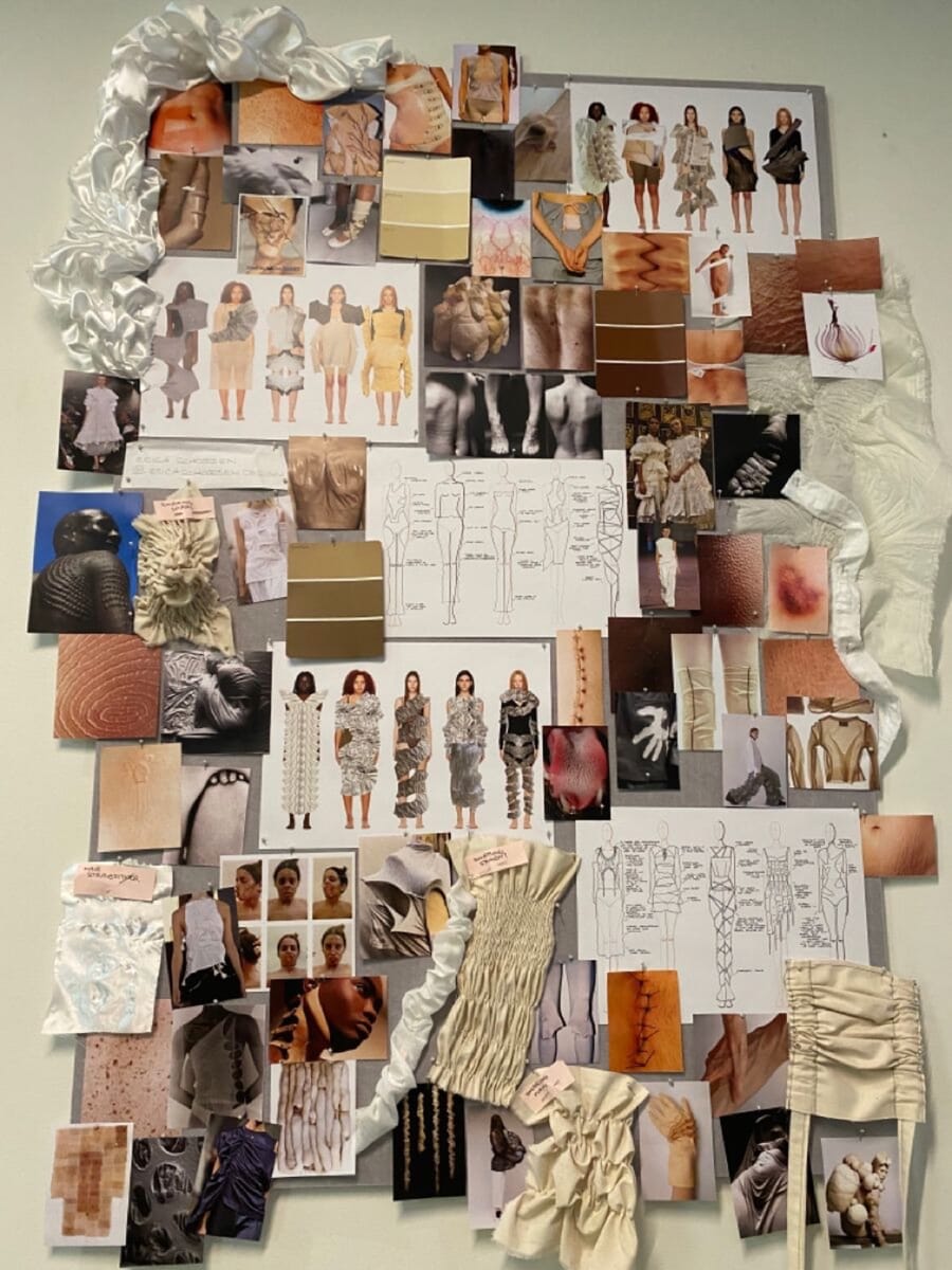 Wall collage of reference photos and fashion sketches