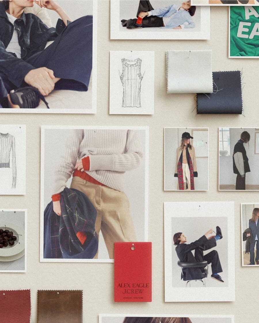 Reference photos, fabric swatches and a hang tag laid out on a table