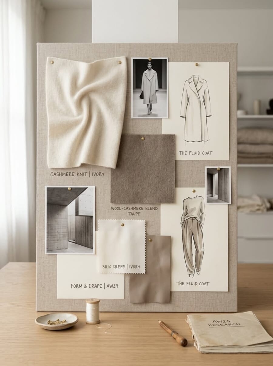 Neutral moodboard with a knit swatch, sketches and fabric samples on a desk
