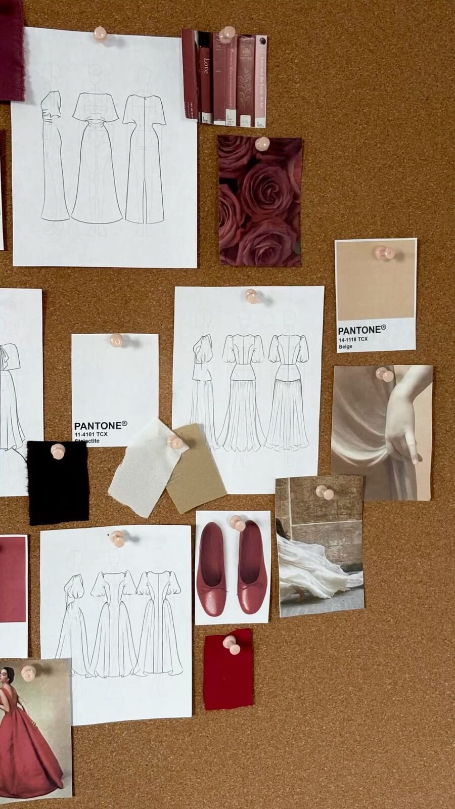 Cork board with flat sketches, color cards and a shoe reference