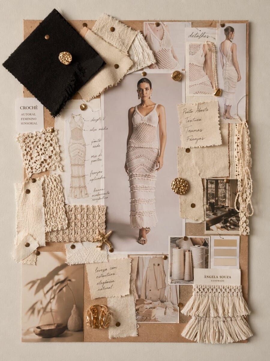 Moodboard with a gown sketch, fabric swatches and trims