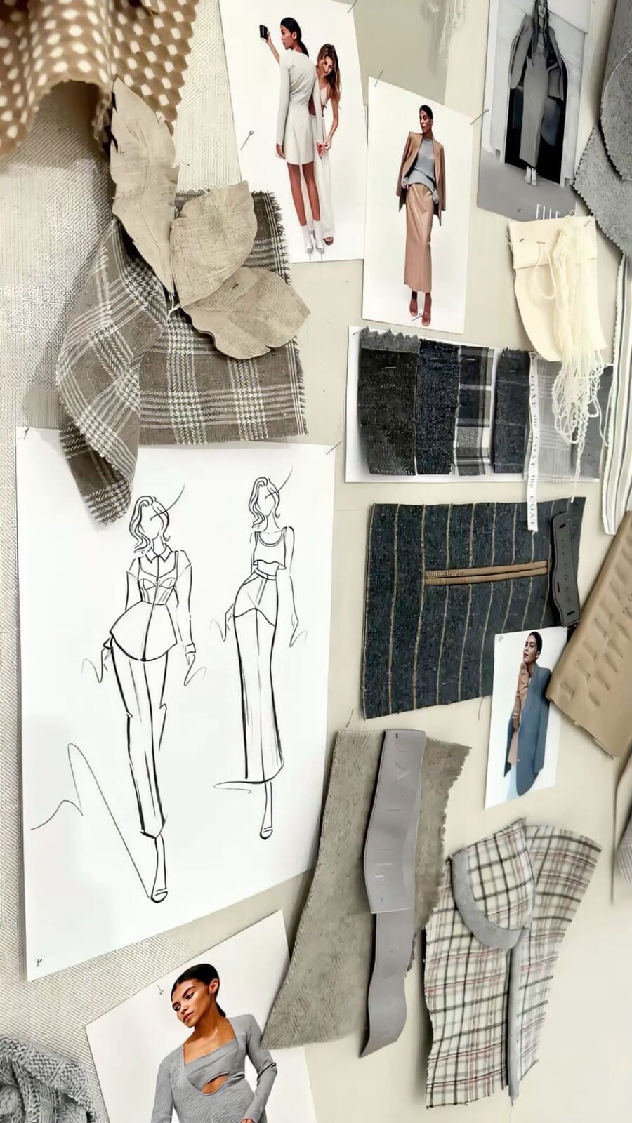 Fashion sketches and fabric swatches pinned to a wall