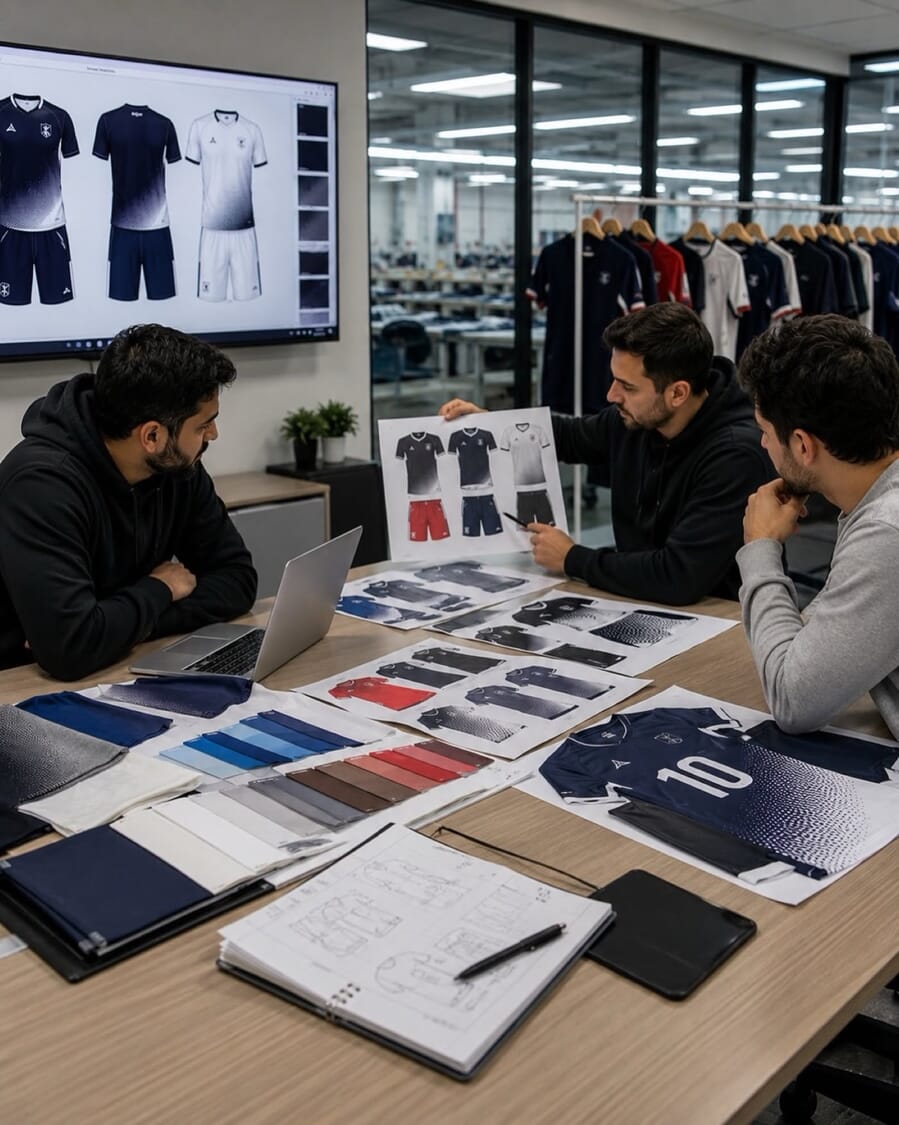 Team at a table reviewing printed sportswear flats and color swatches, with the designs on a screen behind
