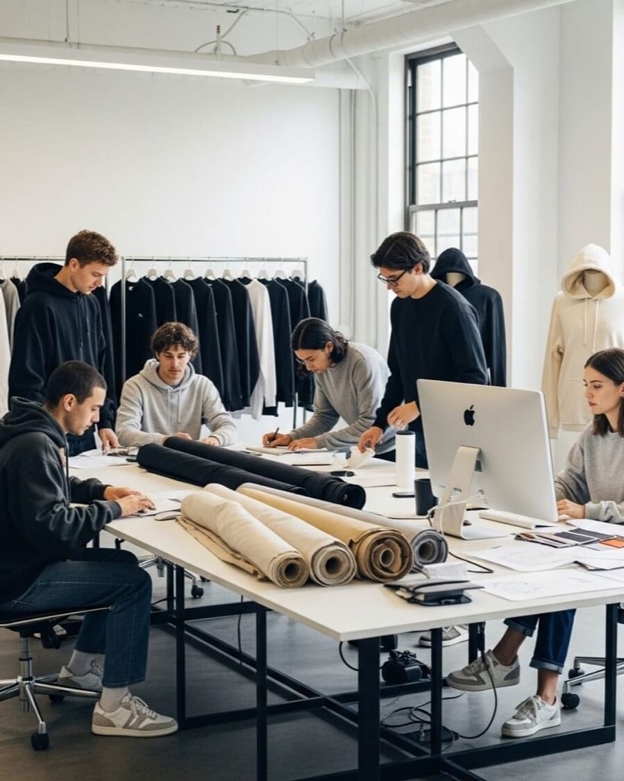 Team working at long tables with fabric rolls and laptops, rails of garments behind