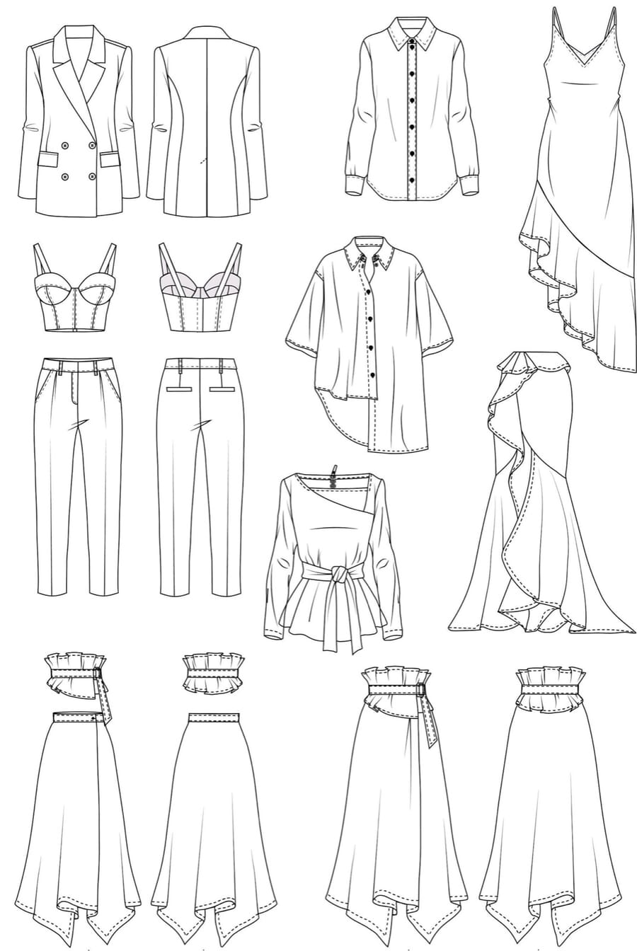 Line-up of womenswear technical flats: blouses, tops, trousers and skirts drawn in black line