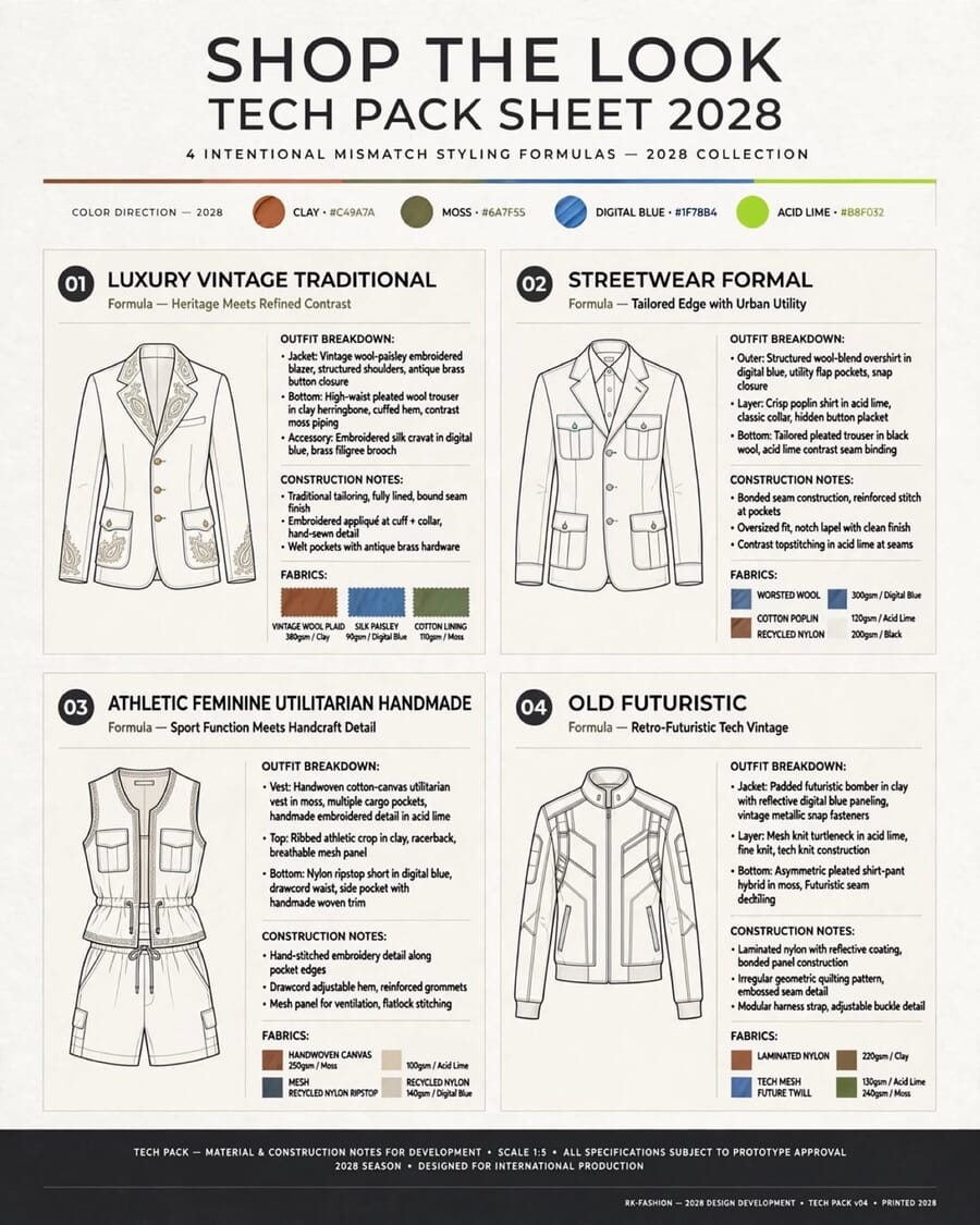 Styling sheet with four jacket and dress flats grouped by look, with fabric and trim notes