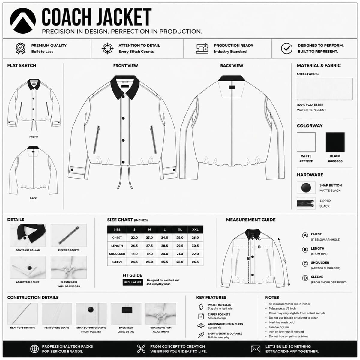 Coach jacket tech pack page with front and back flat sketches, fabric, colorways, hardware, size chart and measurement guide