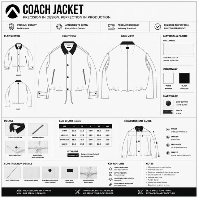 Tech pack page for a coach jacket: flats, size chart, materials and construction notes