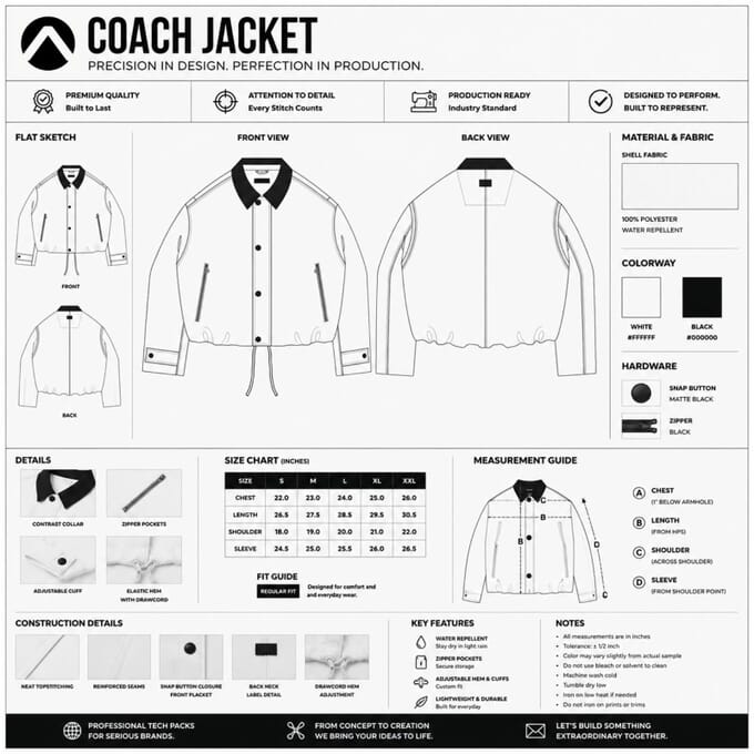Página de ficha técnica de um casaco coach: desenhos, tabela de tamanhos, materiais e notas de construção