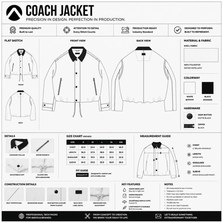 Página de ficha técnica de um casaco coach: desenhos, tabela de tamanhos, materiais e notas de construção