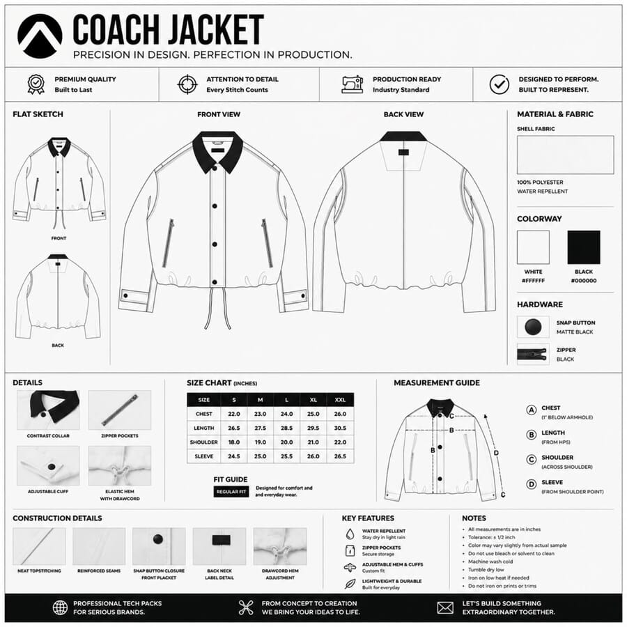 Coach jacket tech pack page with front and back flats, a size chart, colorways and construction notes